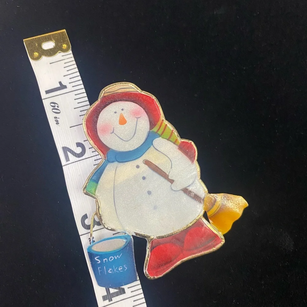 Vintage Snowman Pin Brooch Hand Painted Capiz Shell Gold Tone Christmas